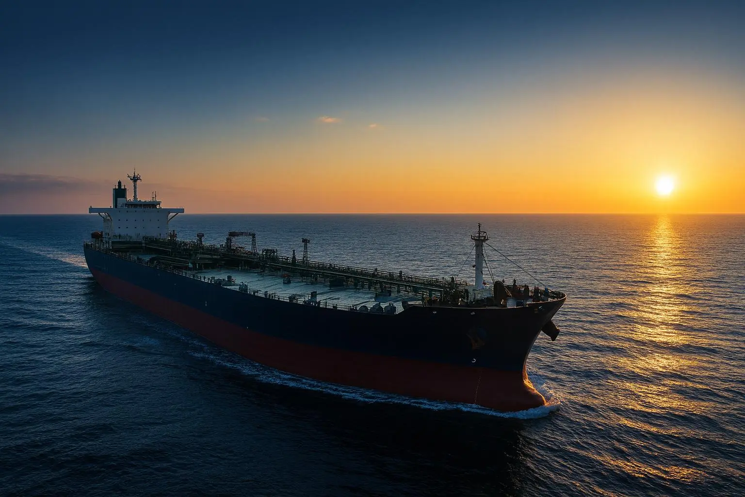 Cargo vessel at sea at sunset